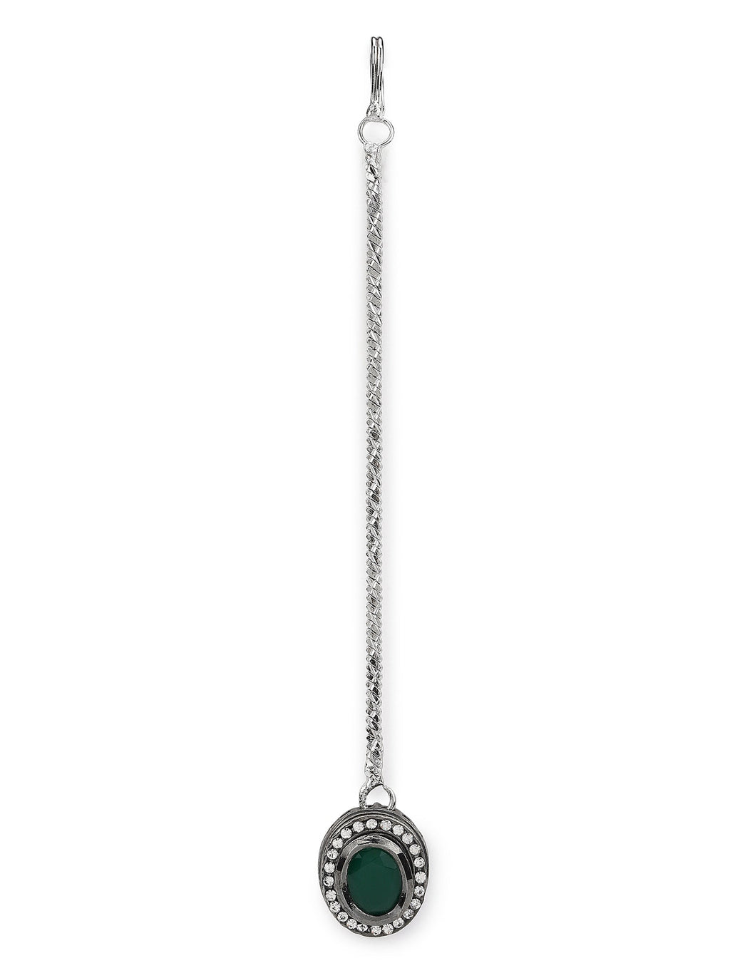 Silver-Plated Green Kundan Stone-Studded Maang Tikka - Ruby Raang | Grocsy