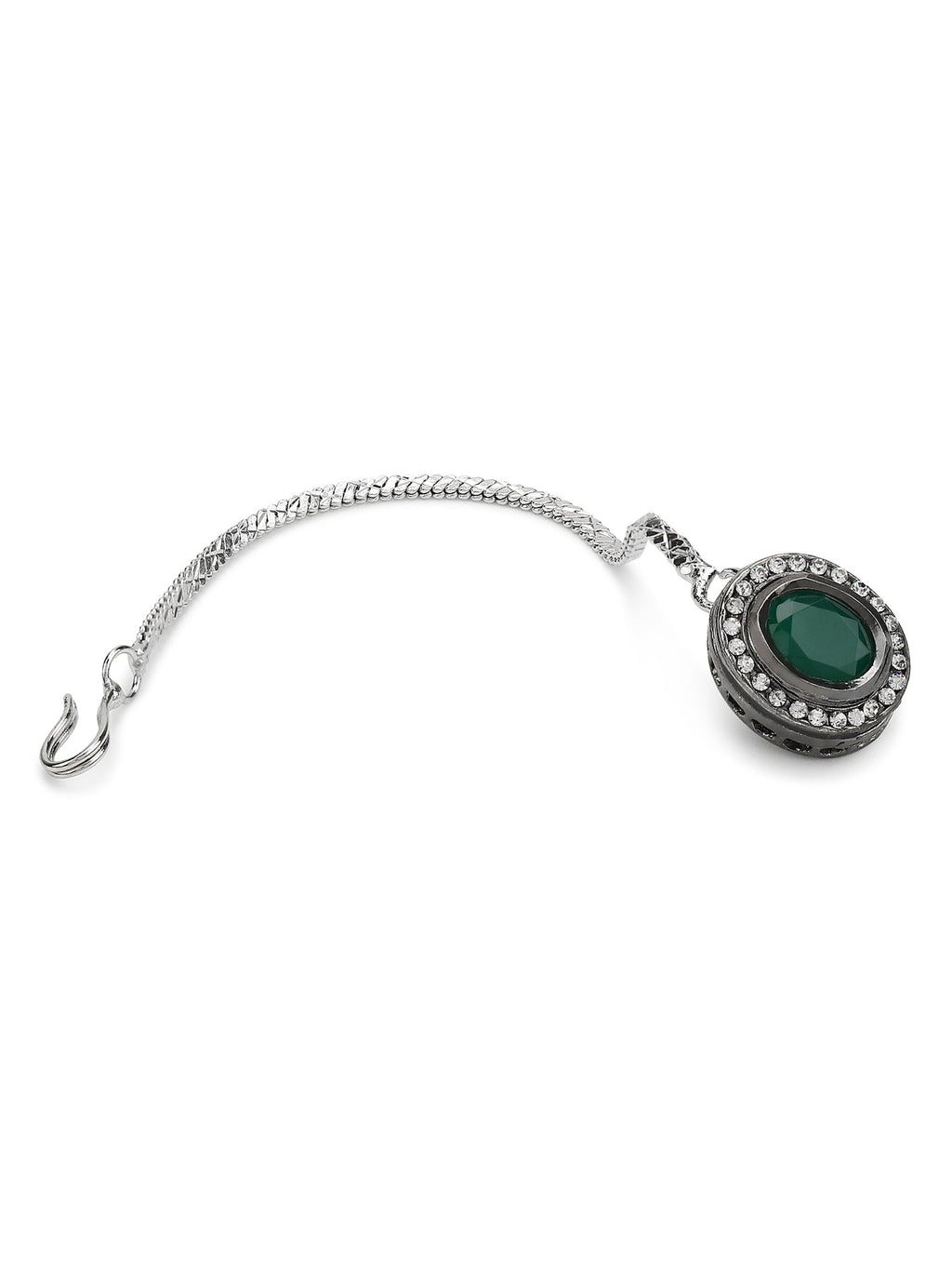 Silver-Plated Green Kundan Stone-Studded Maang Tikka - Ruby Raang | Grocsy