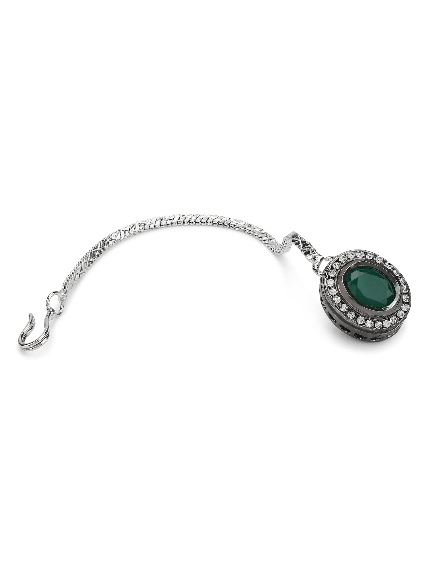 Silver-Plated Green Kundan Stone-Studded Maang Tikka - Ruby Raang | Grocsy