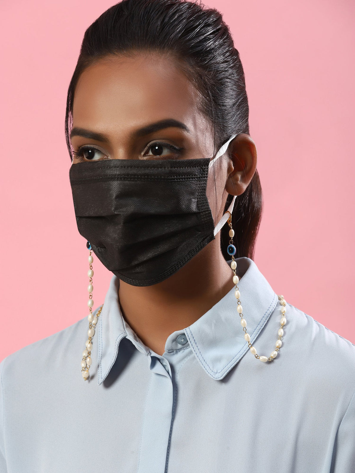 Gold-Toned Embellished Mask Chain - Ruby Raang | Grocsy