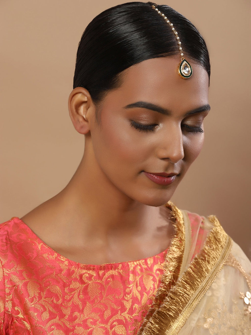 White Gold-Toned Plated Kundan-Studded Pearl Beaded Maang Tikka - Ruby Raang | Grocsy
