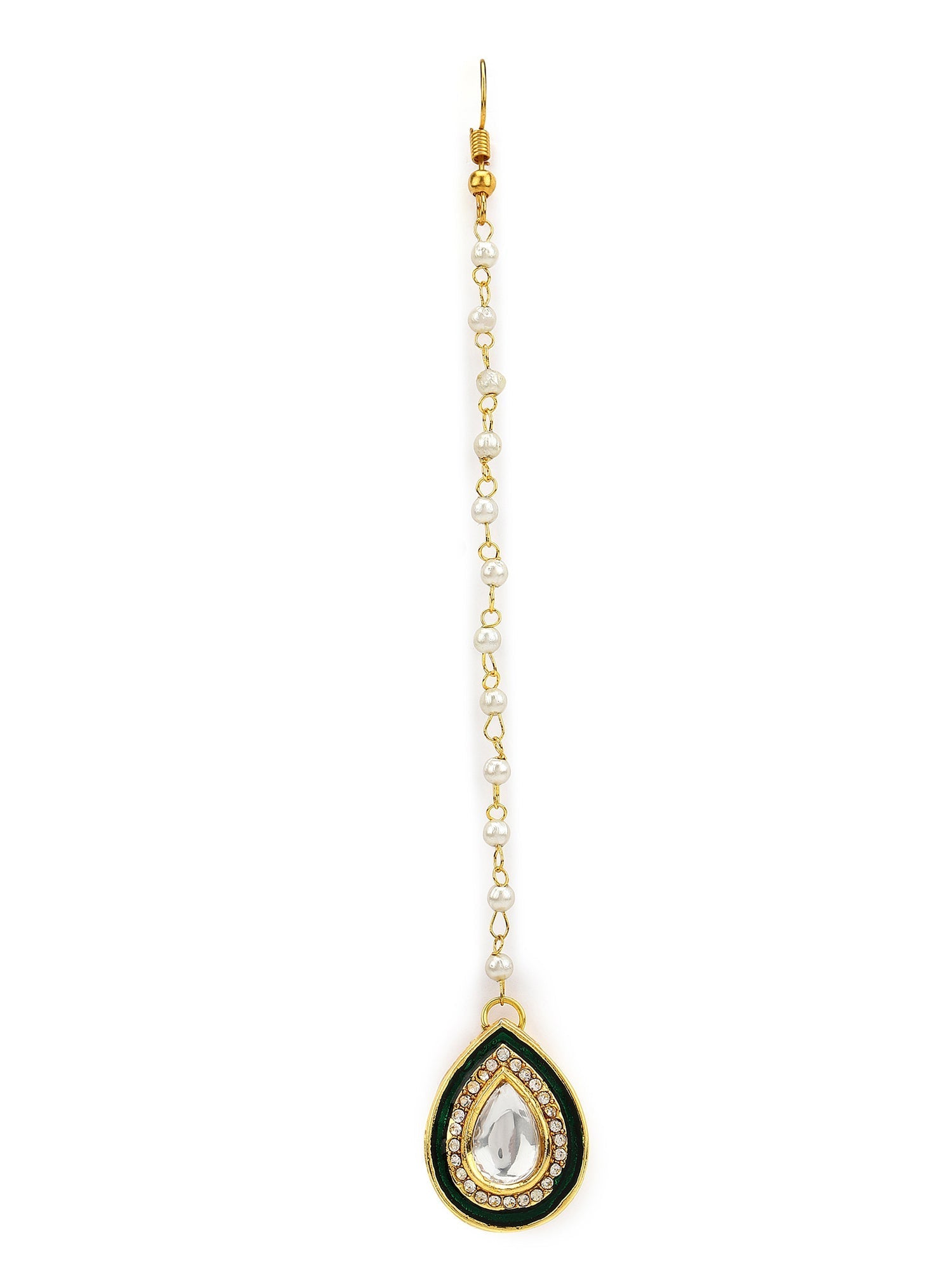 White Gold-Toned Plated Kundan-Studded Pearl Beaded Maang Tikka - Ruby Raang | Grocsy