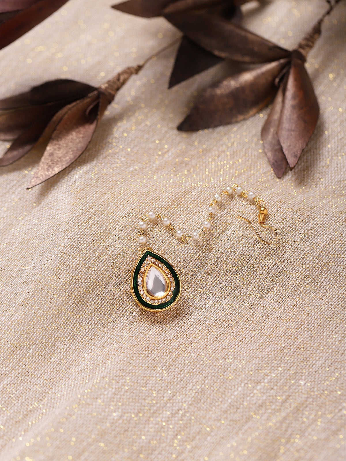 White Gold-Toned Plated Kundan-Studded Pearl Beaded Maang Tikka - Ruby Raang | Grocsy
