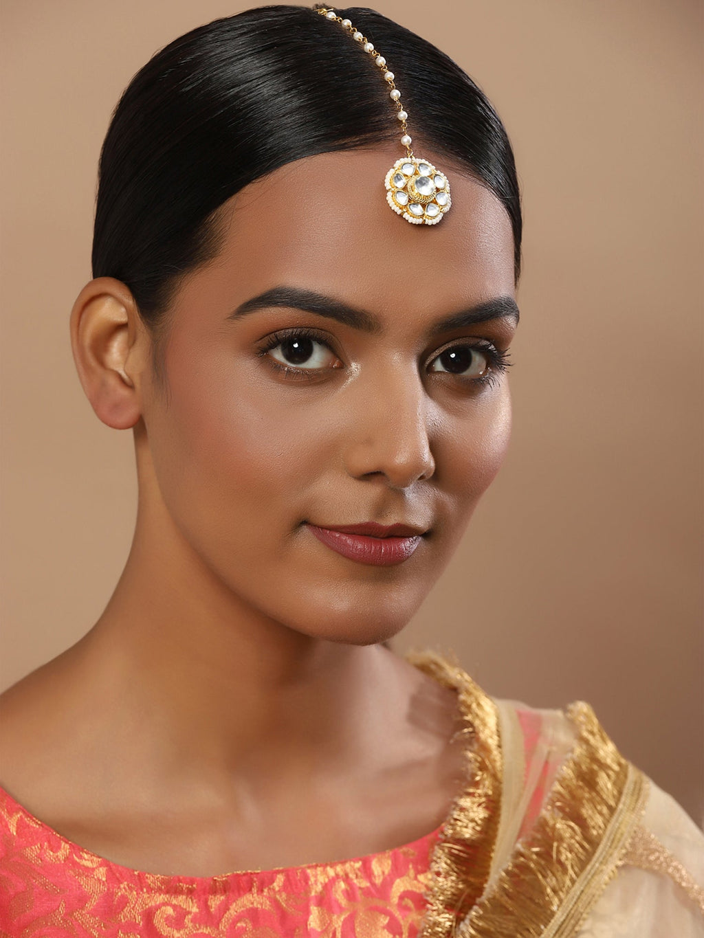 Gold-Polished white Maang Tikka - Ruby Raang | Grocsy