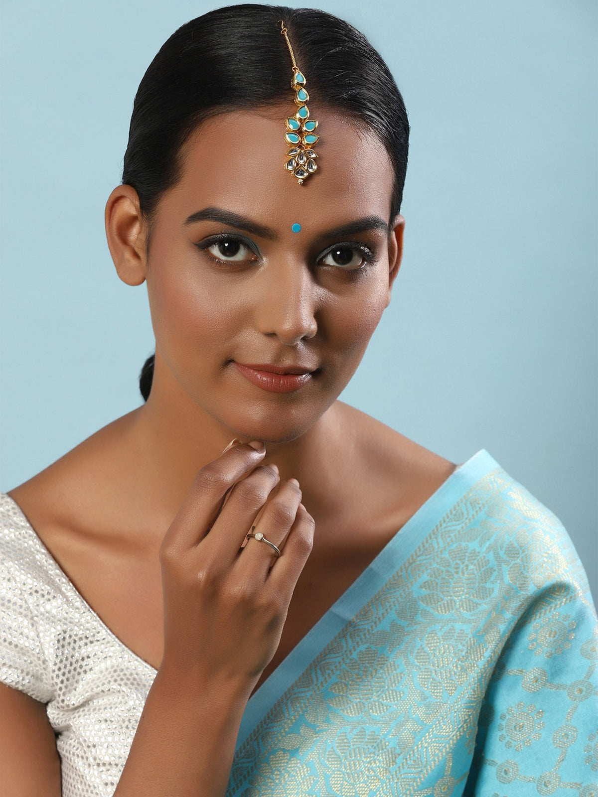 Gold-Polished Turquoise Blue Kundan-Studded Maang Tikka - Ruby Raang | Grocsy