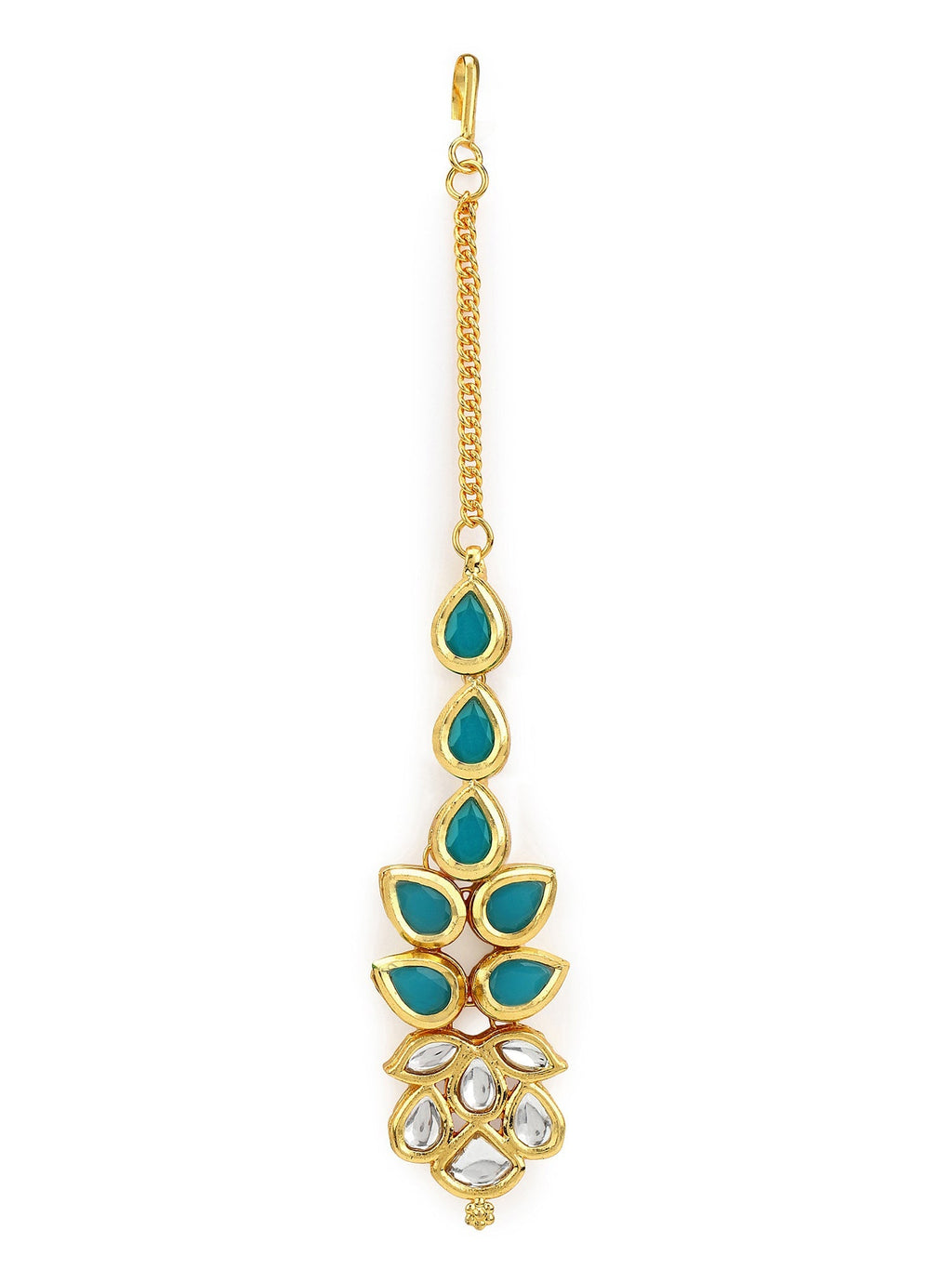 Gold-Polished Turquoise Blue Kundan-Studded Maang Tikka - Ruby Raang | Grocsy