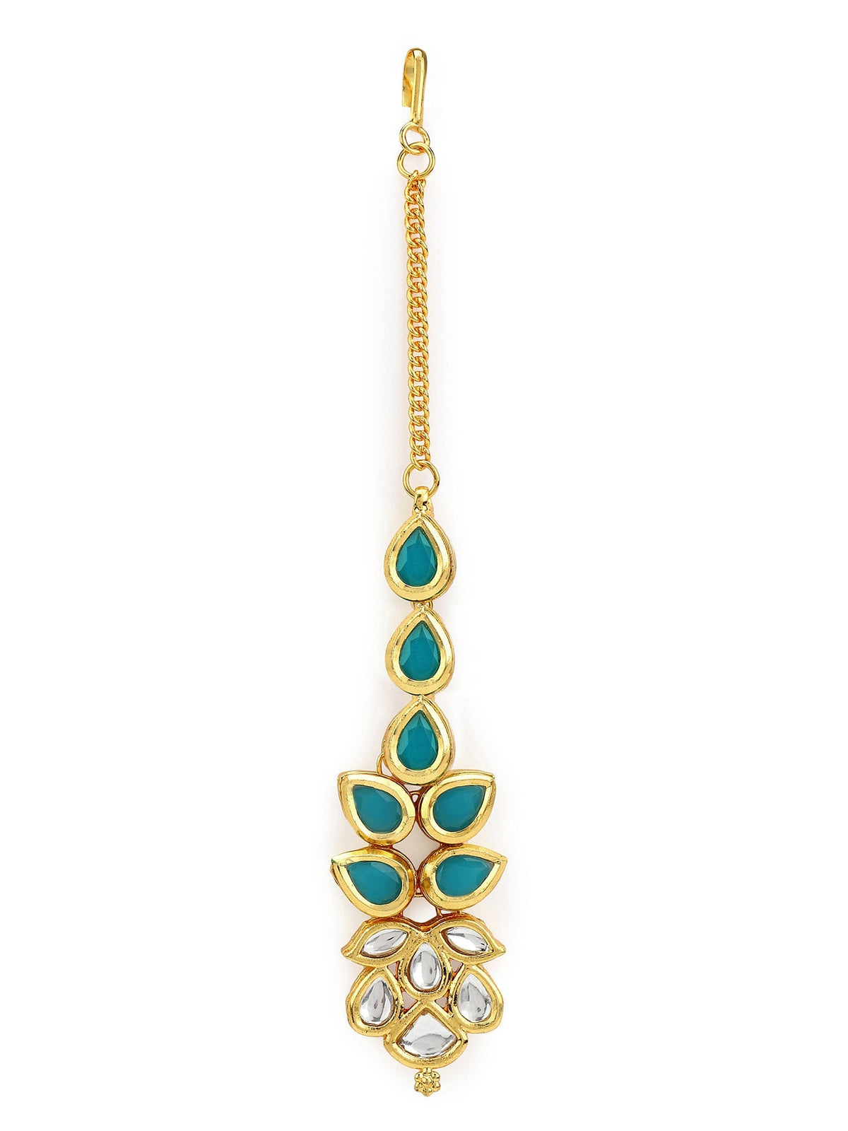 Gold-Polished Turquoise Blue Kundan-Studded Maang Tikka - Ruby Raang | Grocsy