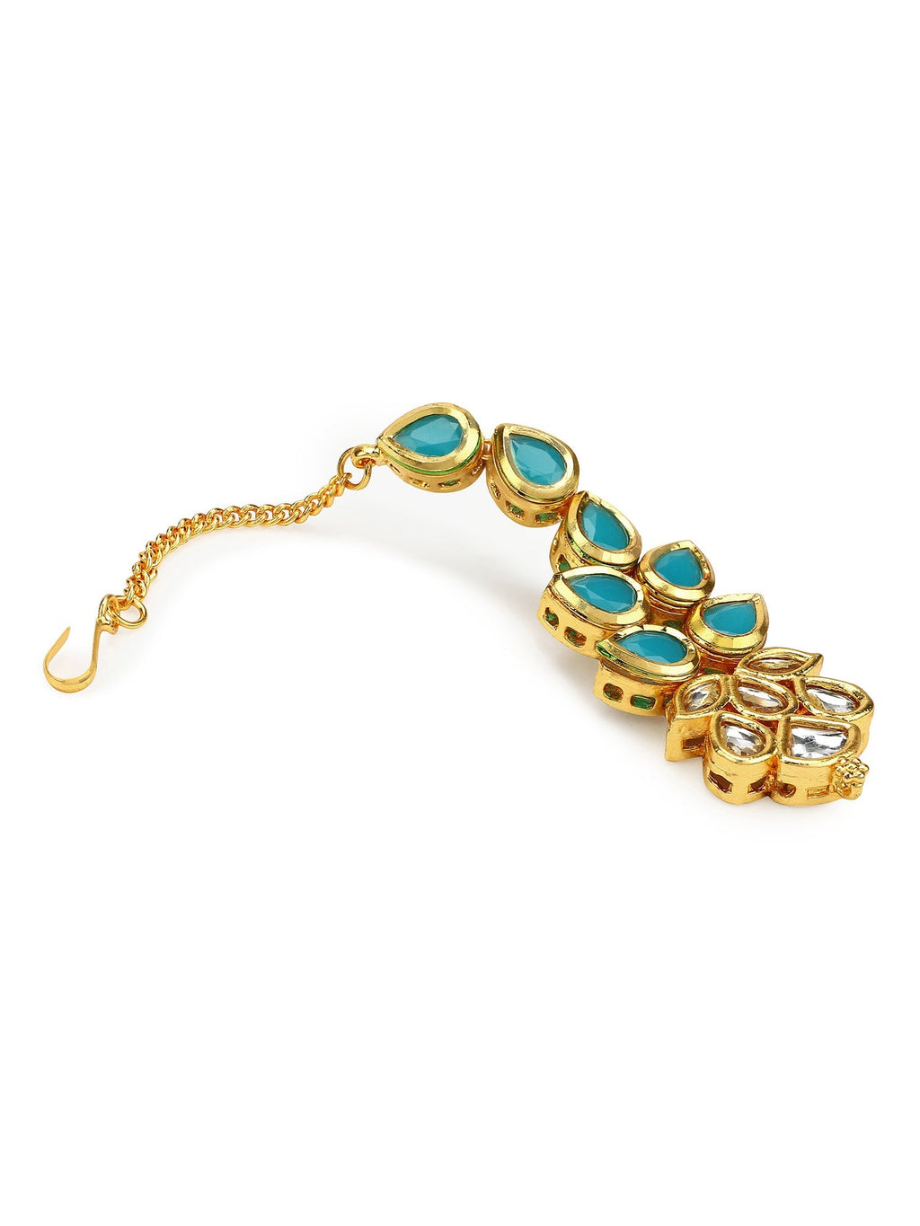 Gold-Polished Turquoise Blue Kundan-Studded Maang Tikka - Ruby Raang | Grocsy