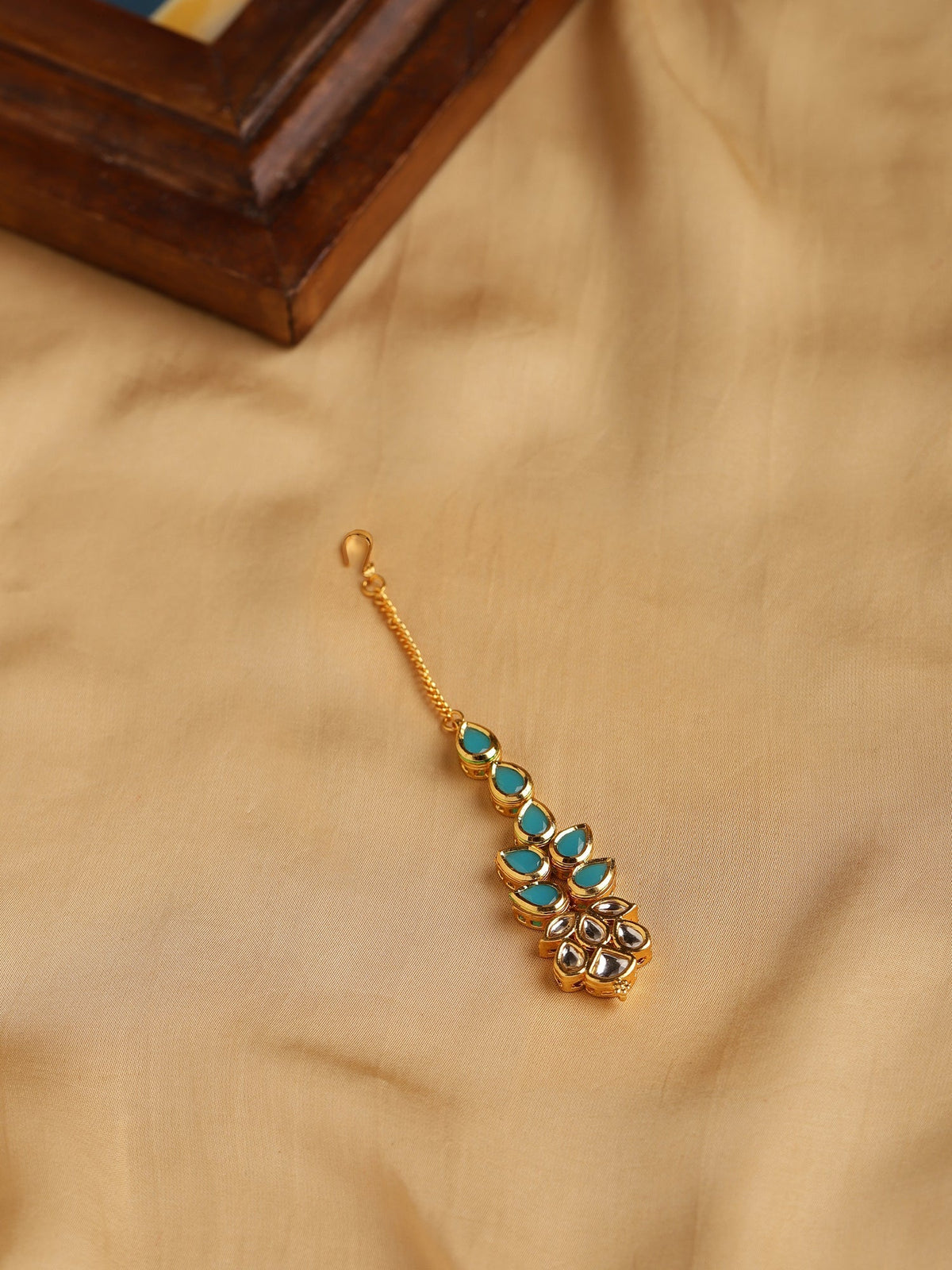 Gold-Polished Turquoise Blue Kundan-Studded Maang Tikka - Ruby Raang | Grocsy