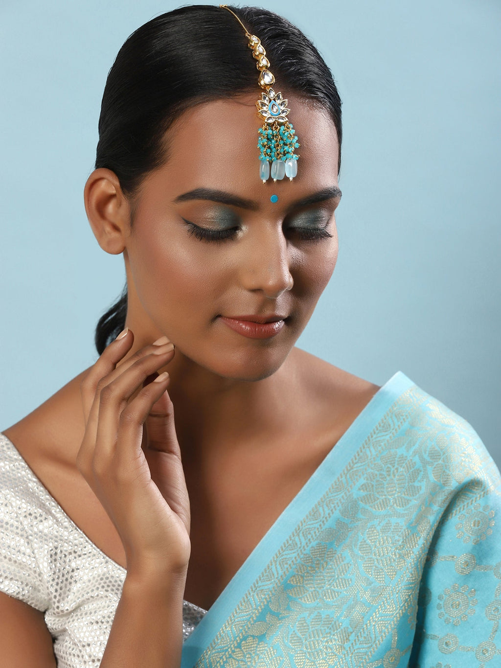 Women's Turquoise Bluegold Kundan Head Jewellery - Ruby Raang | Grocsy