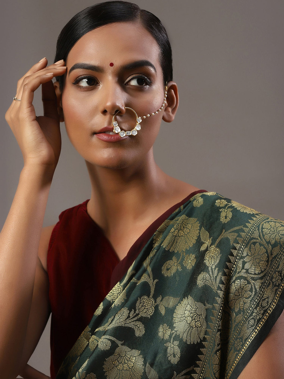Gold-Polished White Kundan-Studded Nose Ring With Chain - Ruby Raang | Grocsy