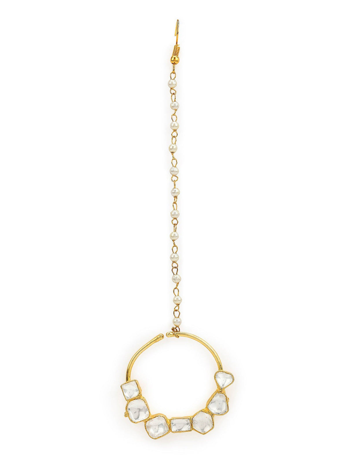 Gold-Polished White Kundan-Studded Nose Ring With Chain - Ruby Raang | Grocsy