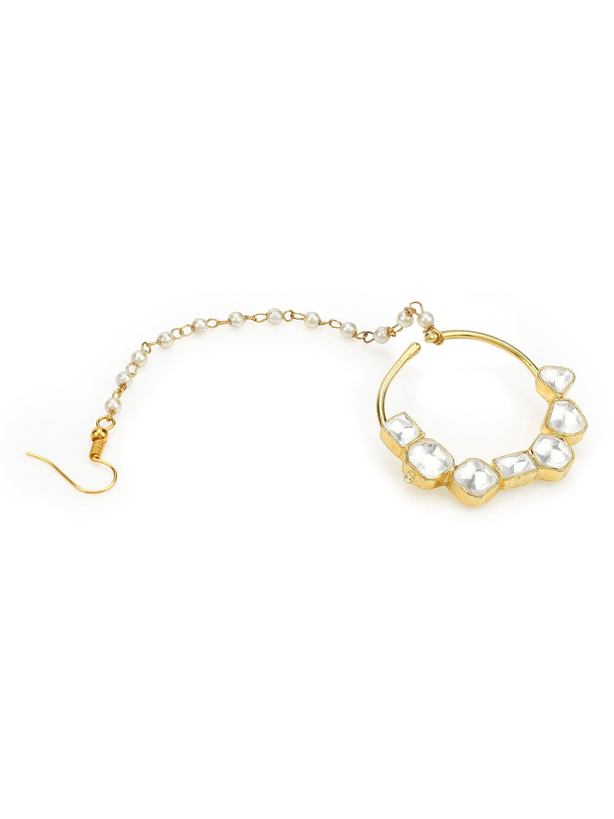 Gold-Polished White Kundan-Studded Nose Ring With Chain - Ruby Raang | Grocsy
