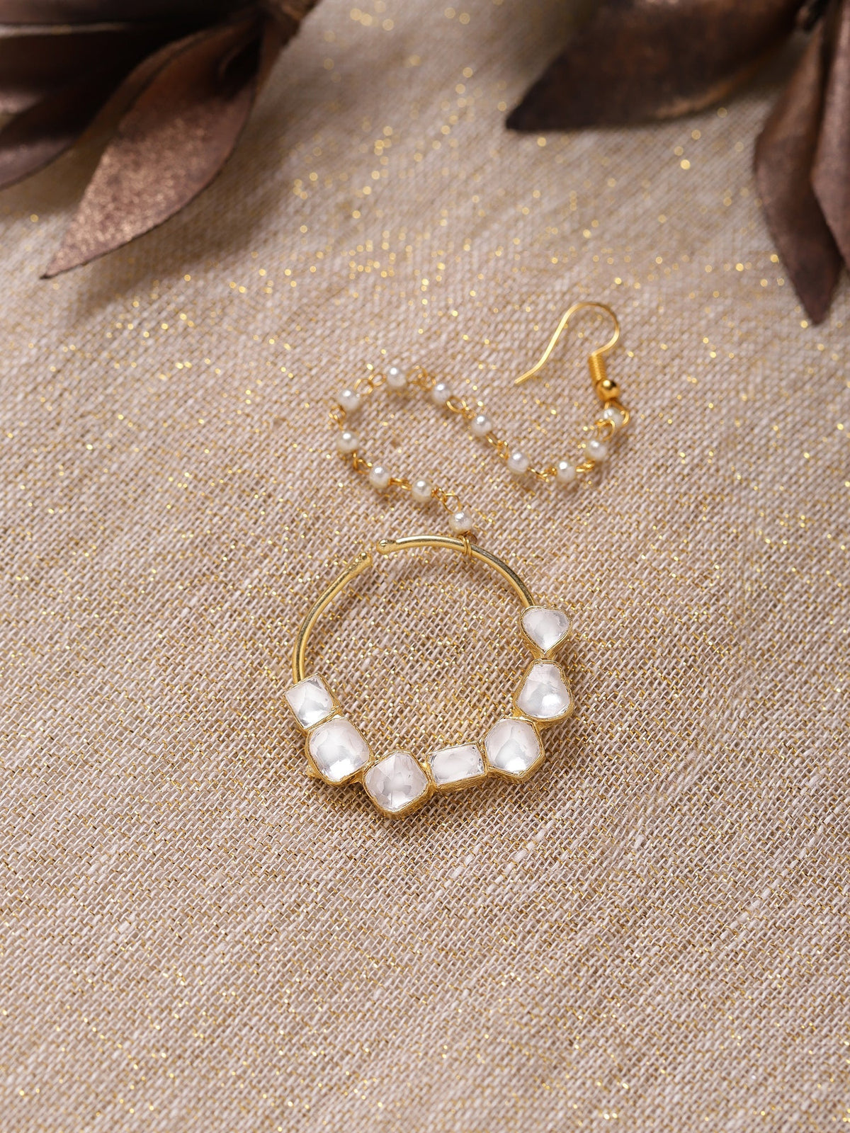 Gold-Polished White Kundan-Studded Nose Ring With Chain - Ruby Raang | Grocsy