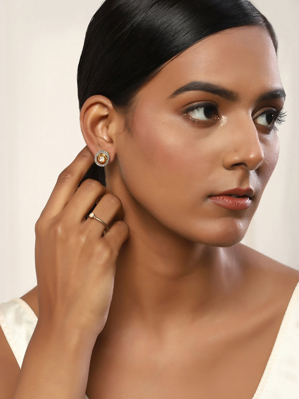 Gold-Polished White Kundan Studded Circular Studs Earrings - Ruby Raang | Grocsy