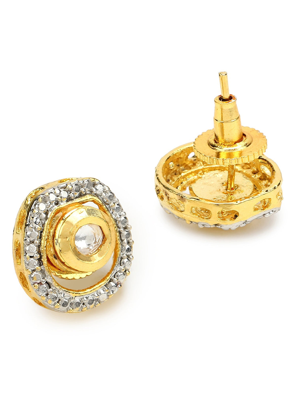 Gold-Polished White Kundan Studded Circular Studs Earrings - Ruby Raang | Grocsy