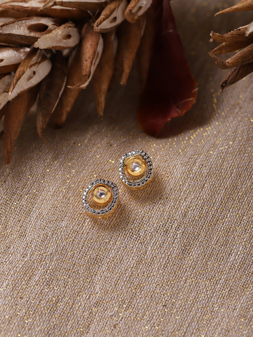 Gold-Polished White Kundan Studded Circular Studs Earrings - Ruby Raang | Grocsy