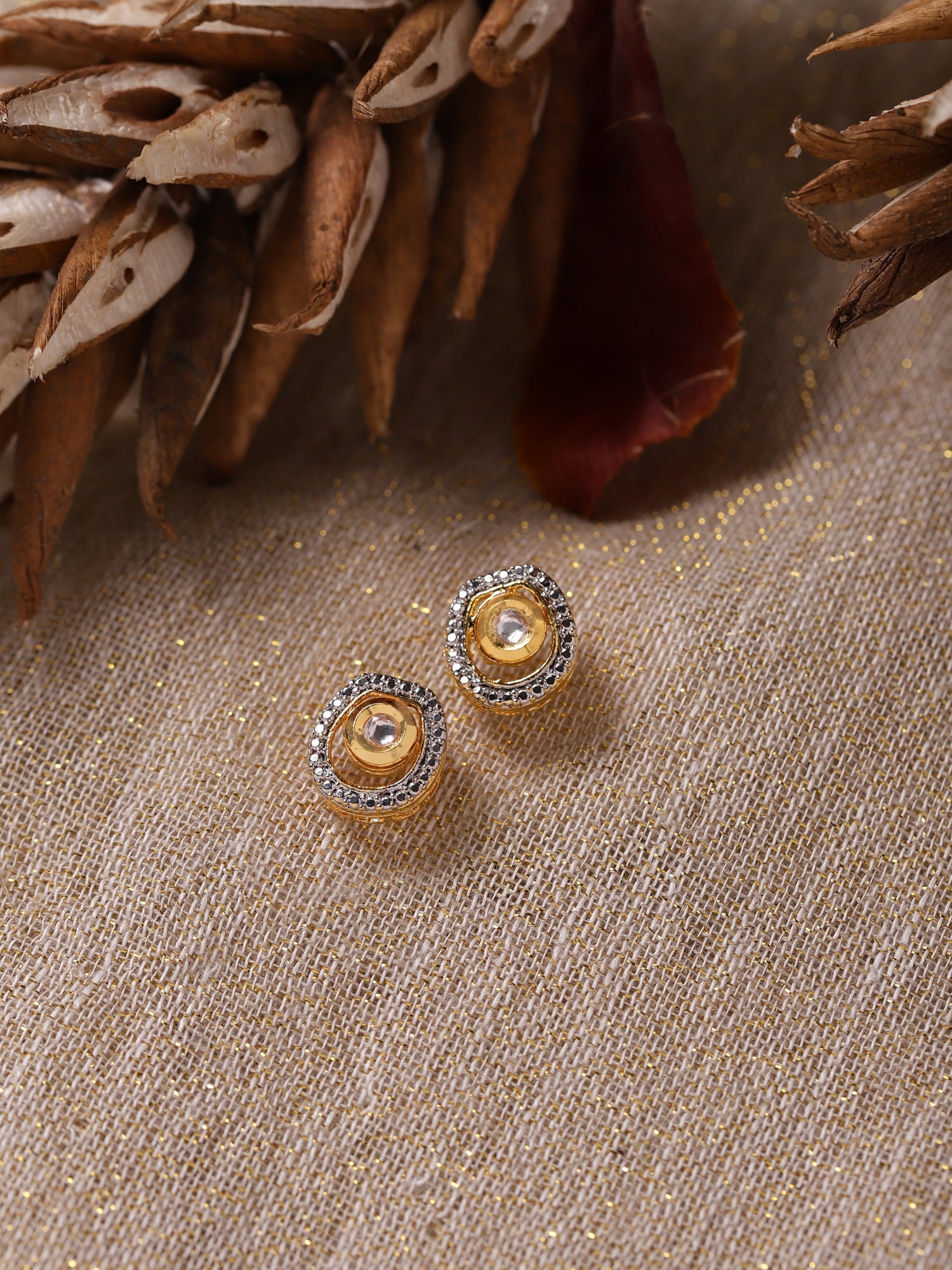 Gold-Polished White Kundan Studded Circular Studs Earrings - Ruby Raang | Grocsy