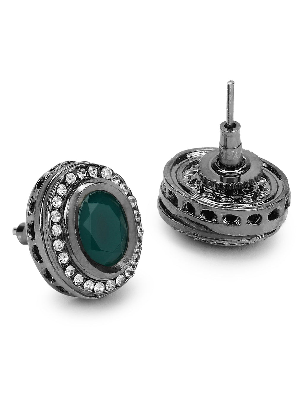 Silver-Plated Oval Kundan Studded Studs Earrings - Ruby Raang | Grocsy