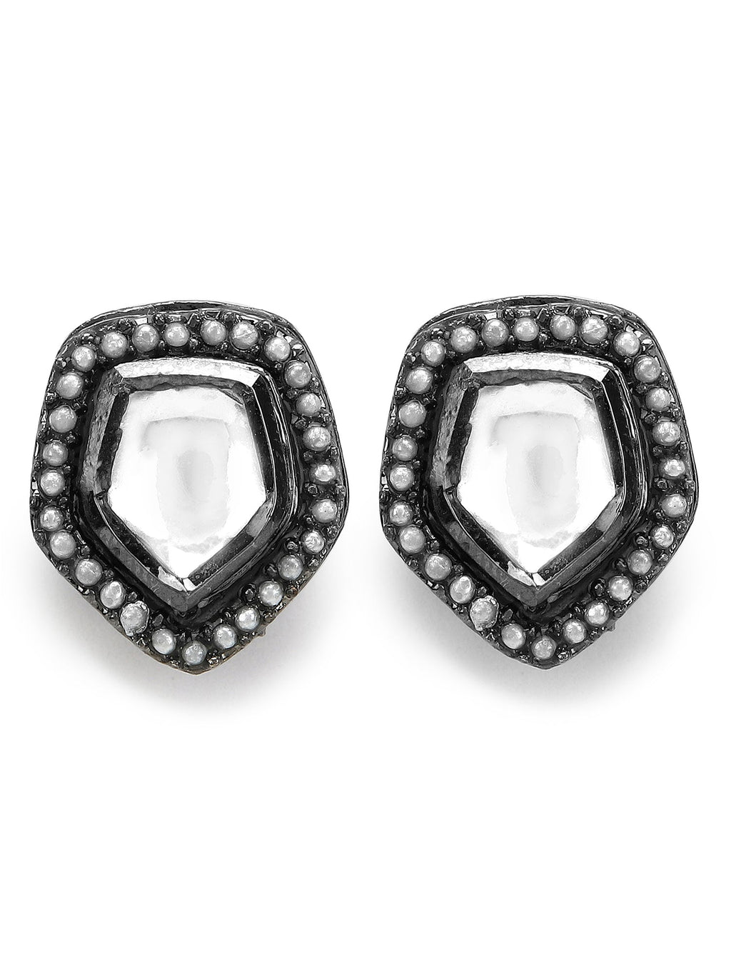 Silver-Plated Geometric Kundan Studs Earrings - Ruby Raang