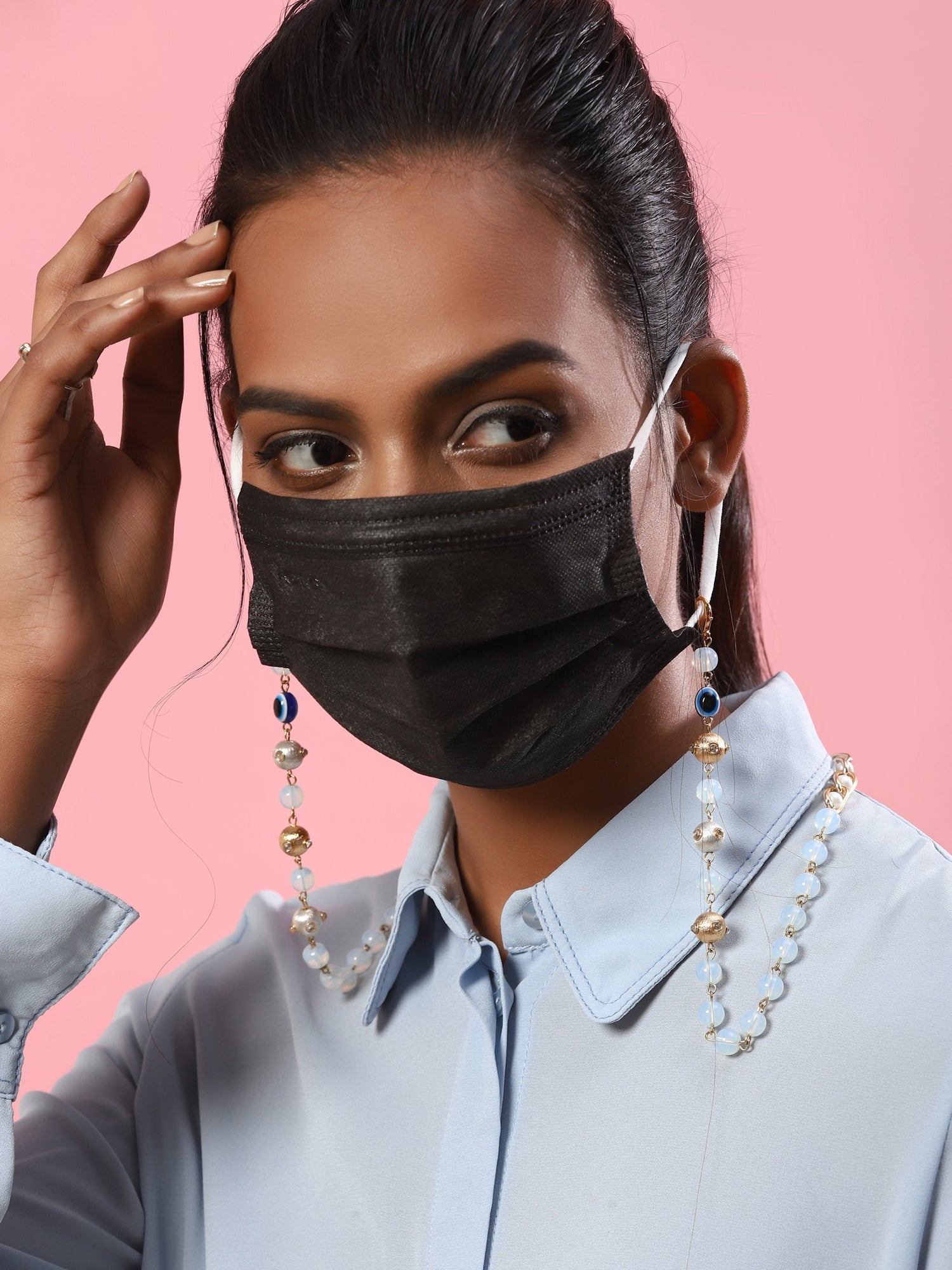 Gold-Polished Beaded Mask Chain - Ruby Raang | Grocsy