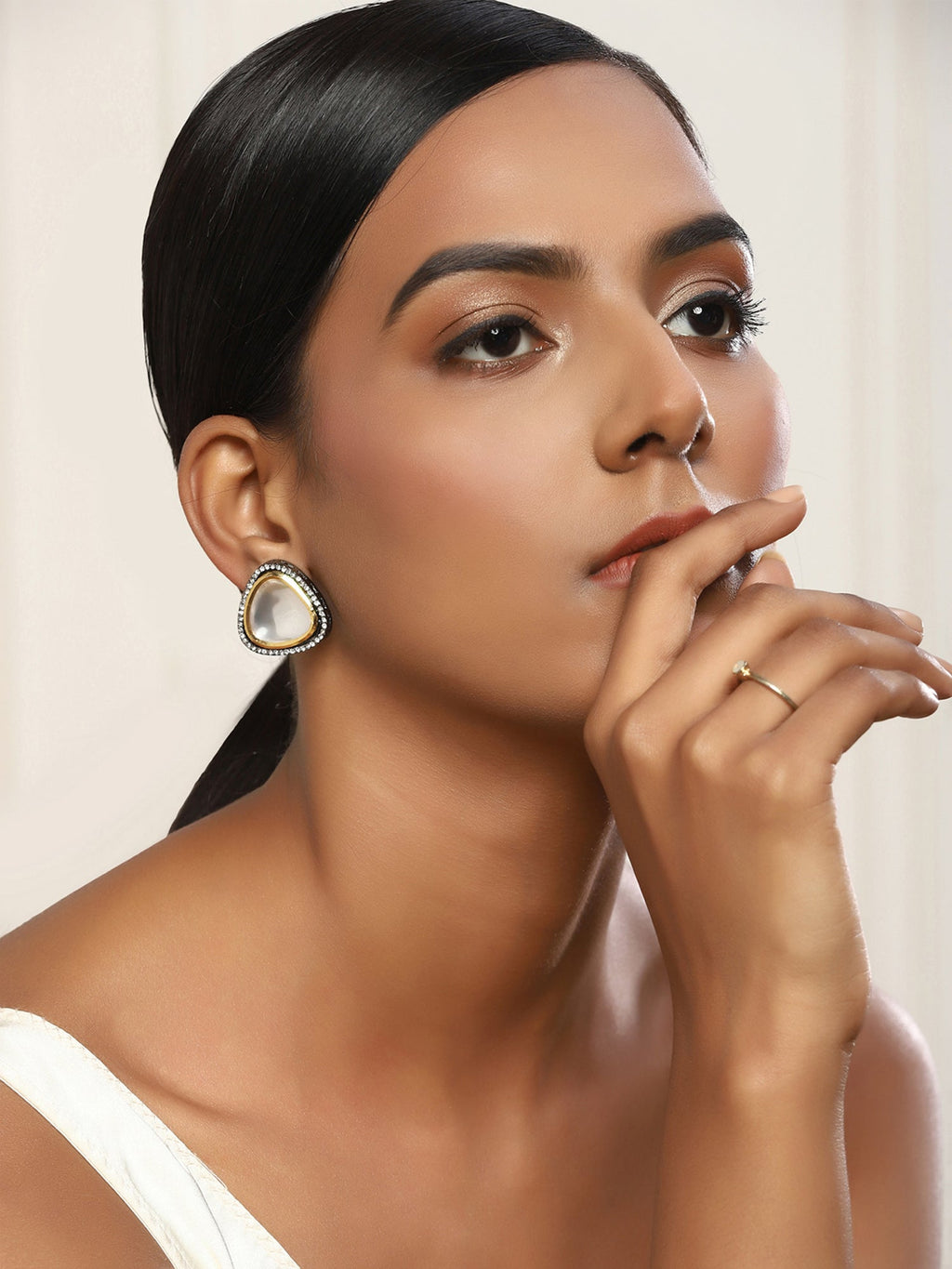 Silver-Plated Triangular Kundan Studded Studs Earrings - Ruby Raang | Grocsy