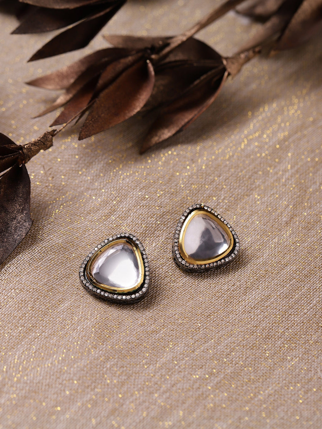 Silver-Plated Triangular Kundan Studded Studs Earrings - Ruby Raang | Grocsy