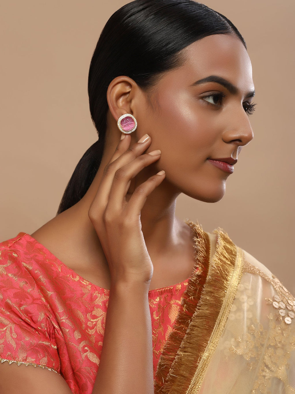 Women's Pink Circular Studs Earrings - Ruby Raang | Grocsy