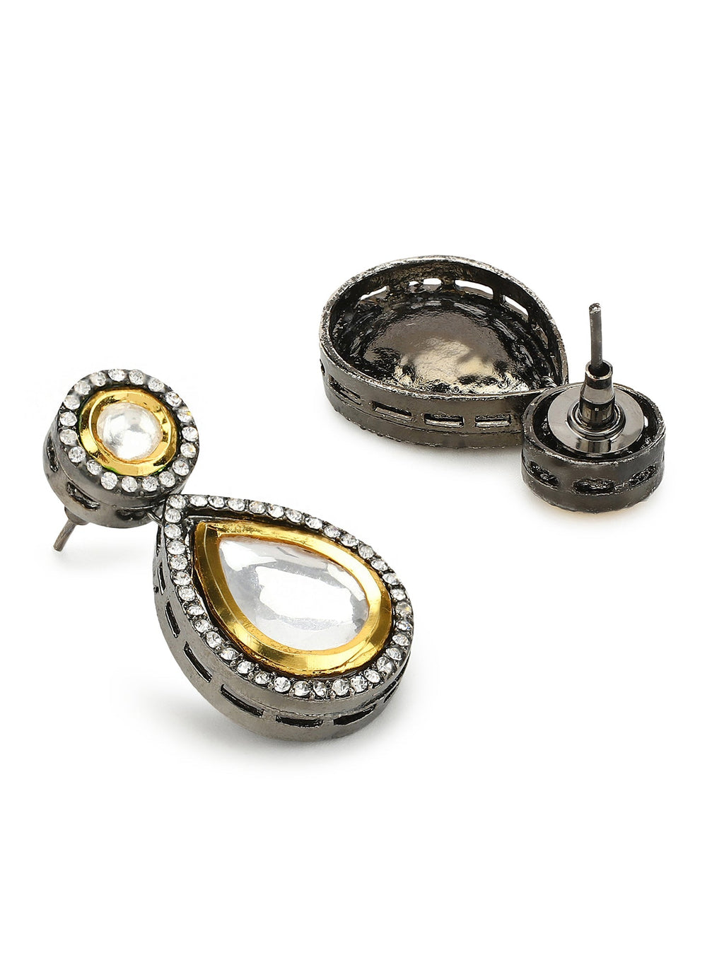 Silver-Plated Teardrop Shape Kundan Studded Drop Earrings - Ruby Raang | Grocsy