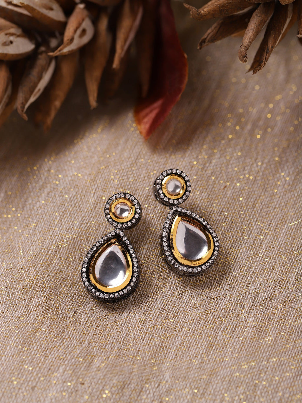 Silver-Plated Teardrop Shape Kundan Studded Drop Earrings - Ruby Raang | Grocsy