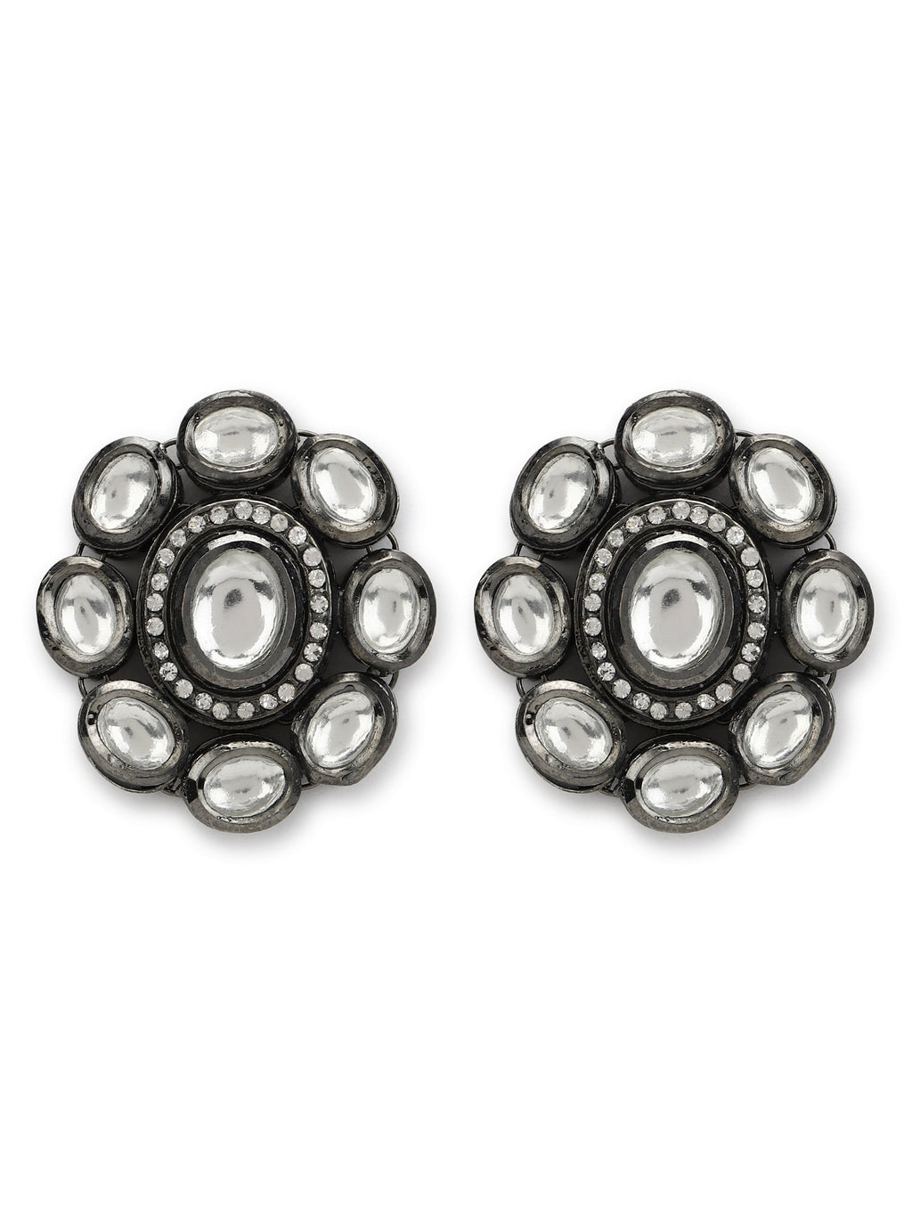 Black Silver-Plated Circular Kundan Studs Earrings - Ruby Raang