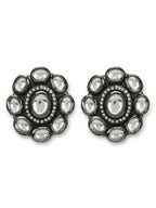Black Silver-Plated Circular Kundan Studs Earrings - Ruby Raang