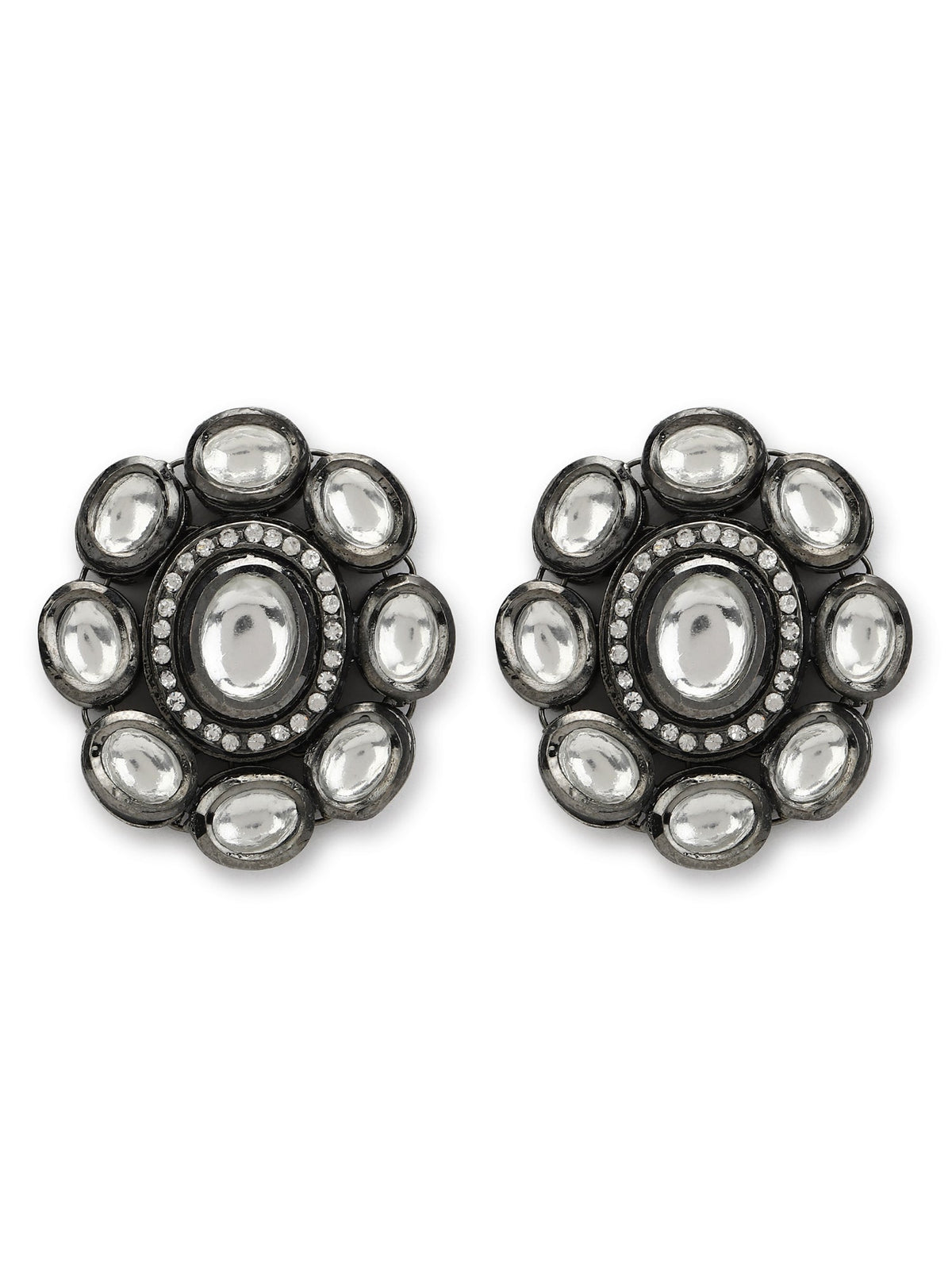Black Silver-Plated Circular Kundan Studs Earrings - Ruby Raang