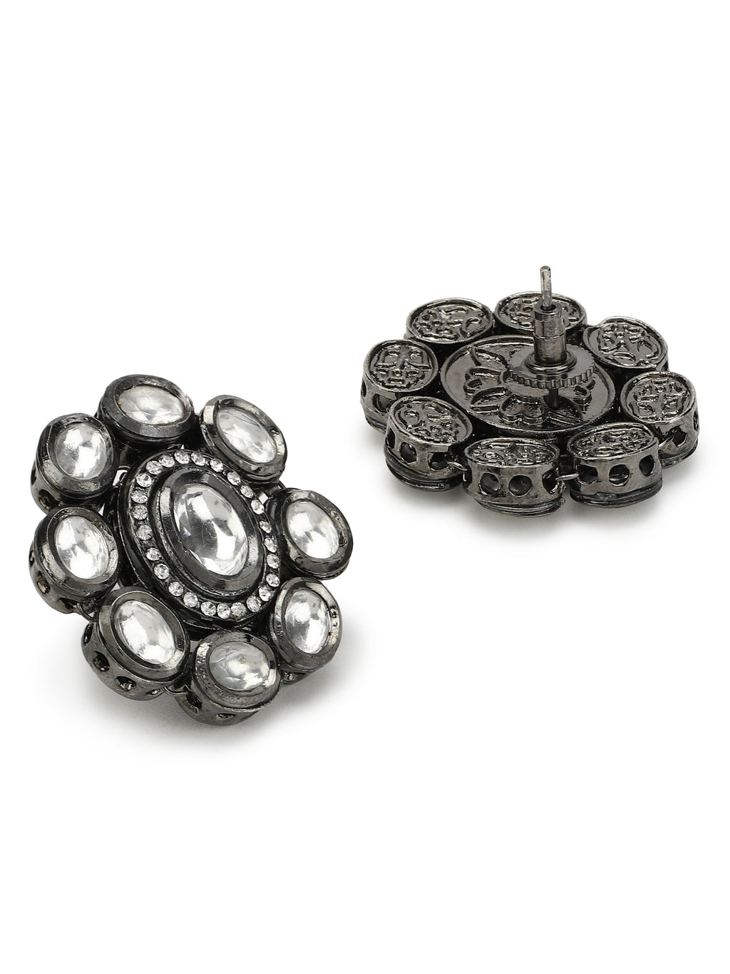 Black Silver-Plated Circular Kundan Studs Earrings - Ruby Raang