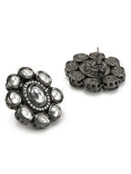 Black Silver-Plated Circular Kundan Studs Earrings - Ruby Raang