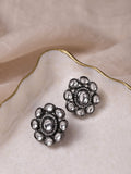 Black Silver-Plated Circular Kundan Studs Earrings - Ruby Raang