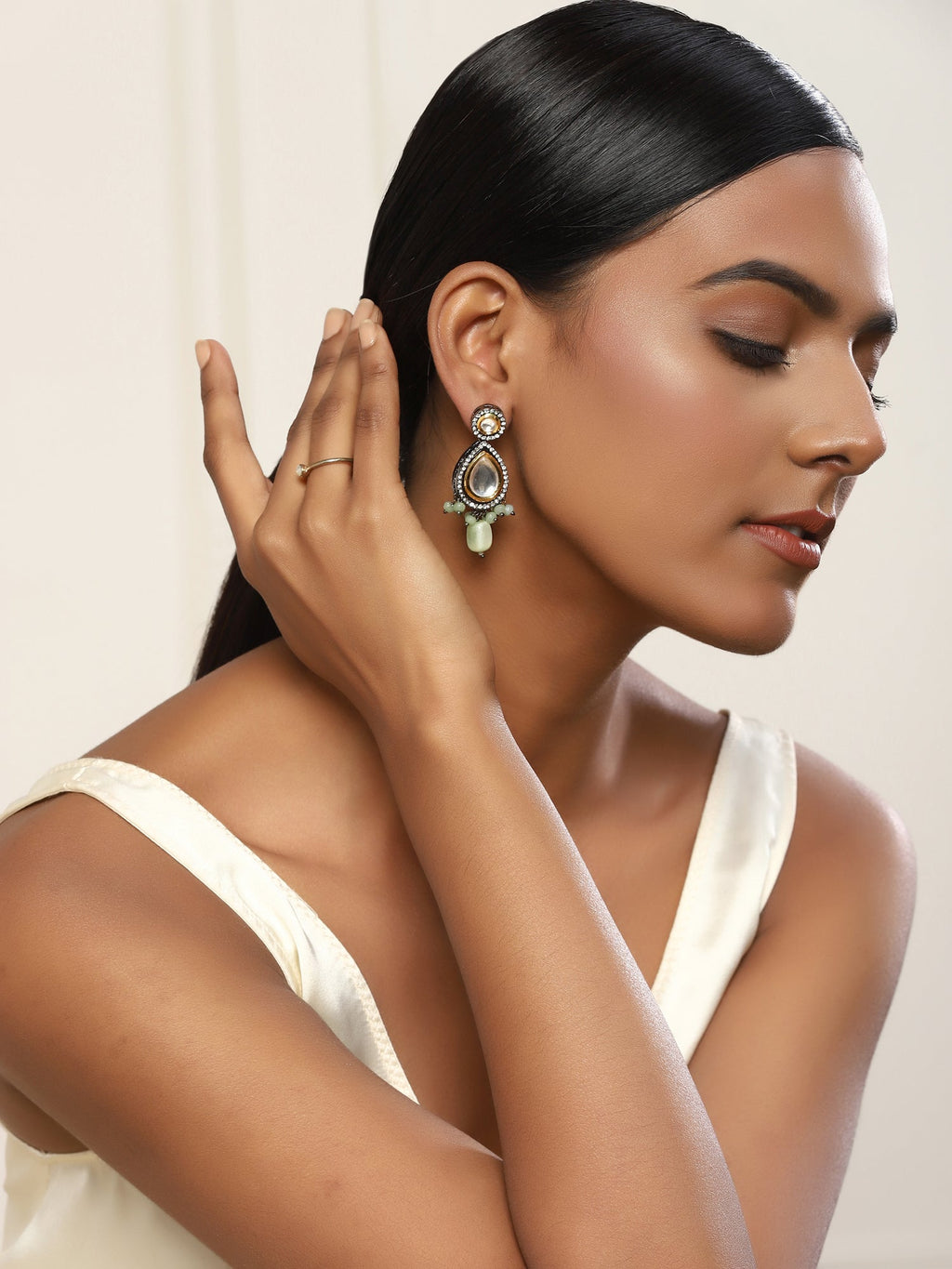 Green White Teardrop Shaped Drop Earrings - Ruby Raang | Grocsy