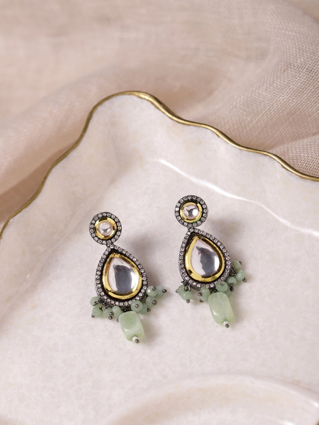 Green White Teardrop Shaped Drop Earrings - Ruby Raang | Grocsy