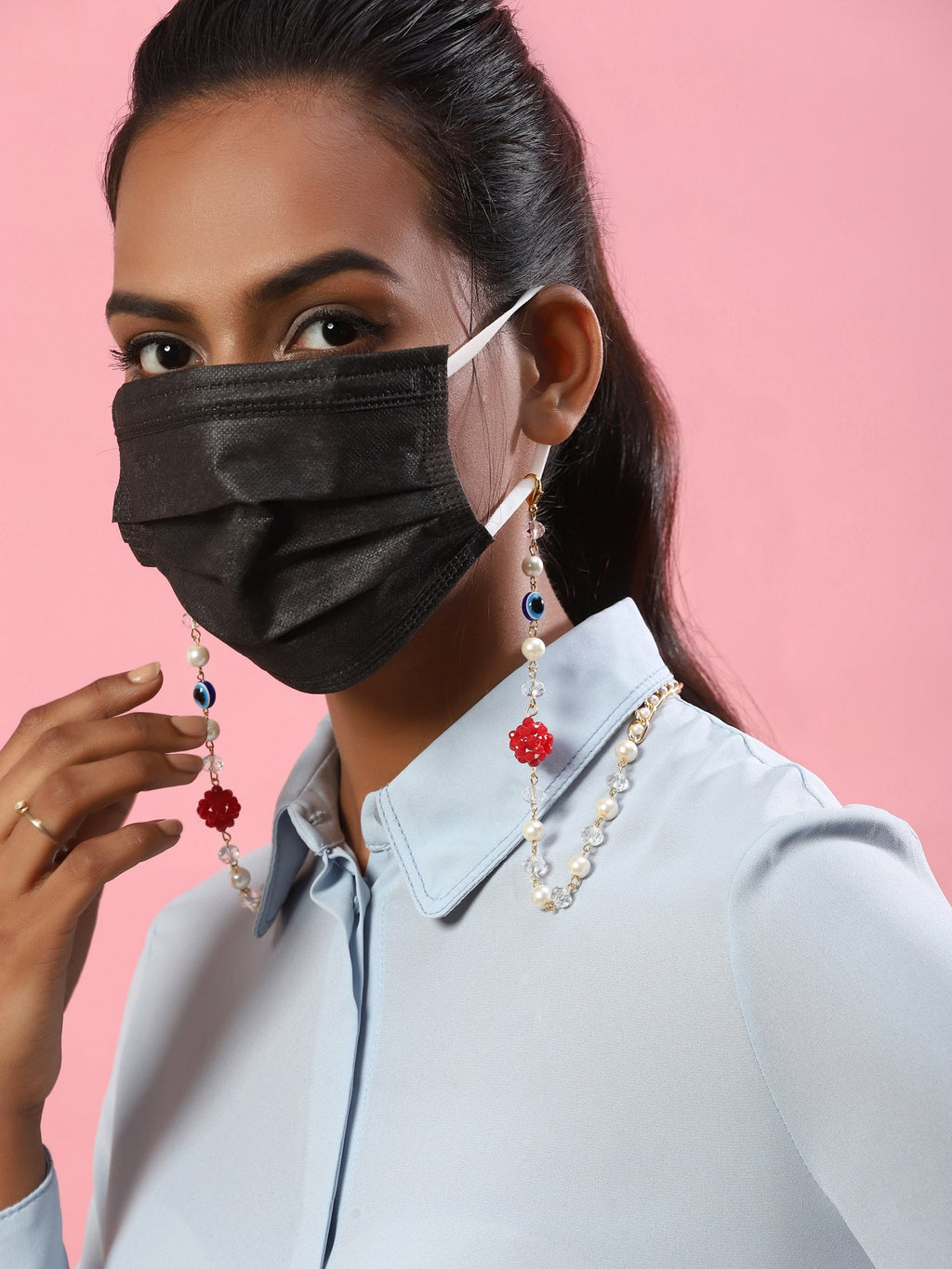 White Embellsihed Mask Chain - Ruby Raang | Grocsy