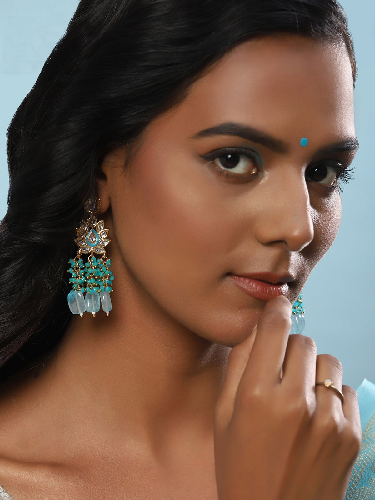 Gold-Polished Turquoise Blue Kundan Studded Classic Drop Earrings - Ruby Raang | Grocsy