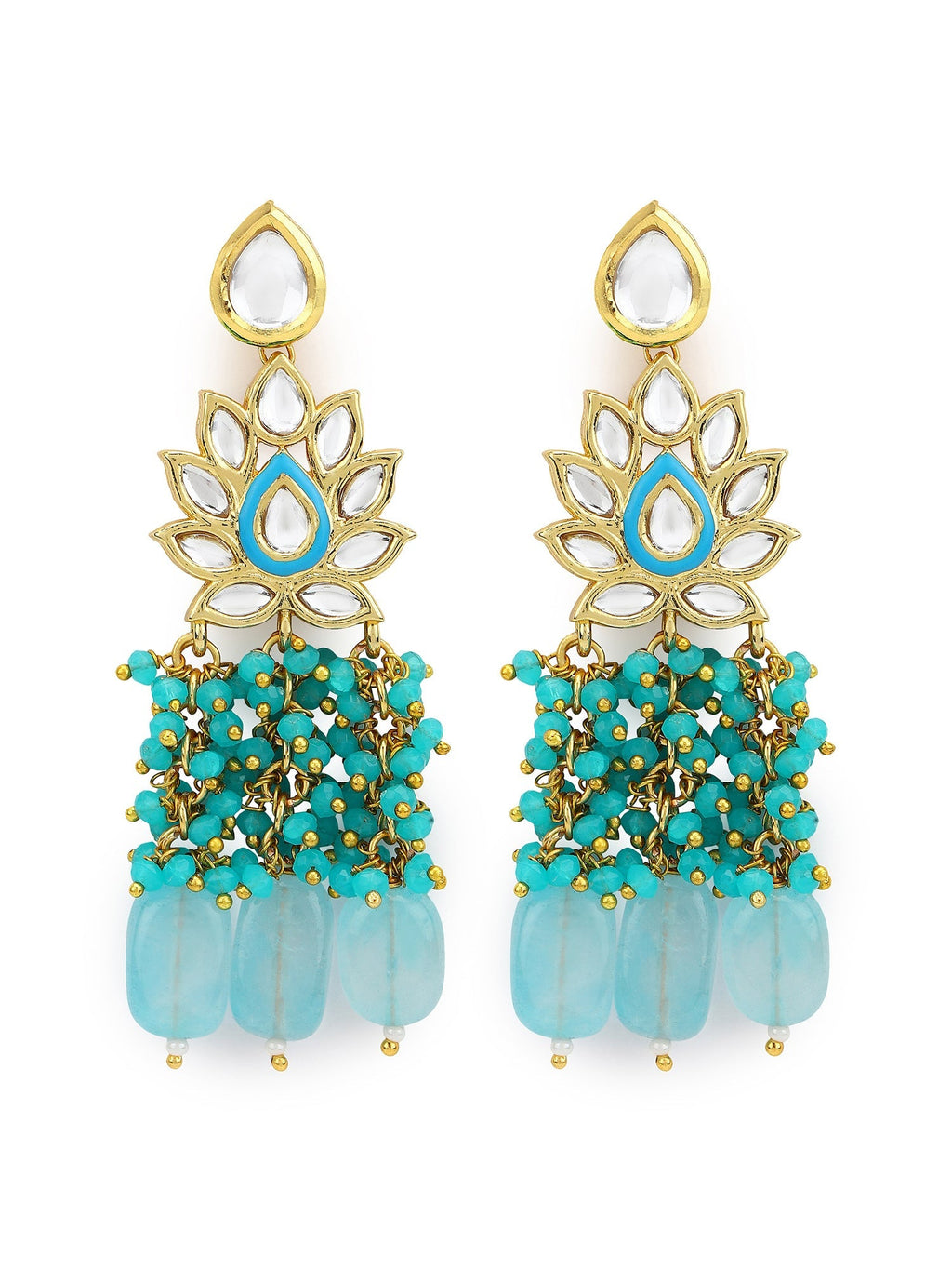 Gold-Polished Turquoise Blue Kundan Studded Classic Drop Earrings - Ruby Raang | Grocsy