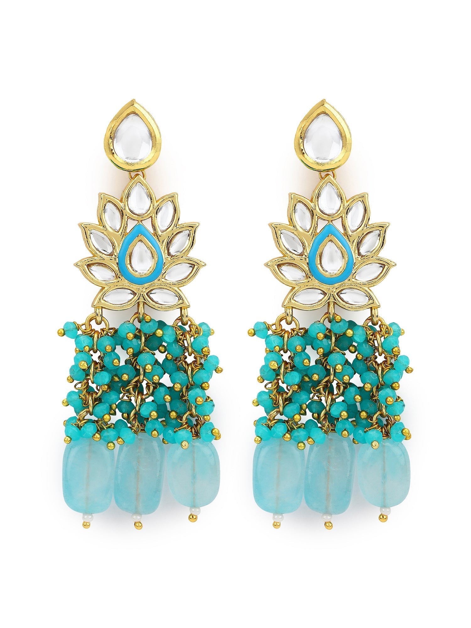 Gold-Polished Turquoise Blue Kundan Studded Classic Drop Earrings - Ruby Raang | Grocsy