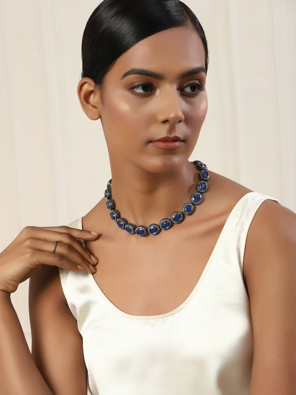 Oxidised Silver-Plated Blue White Kundan Studded Brass Choker Necklace - Ruby Raang | Grocsy