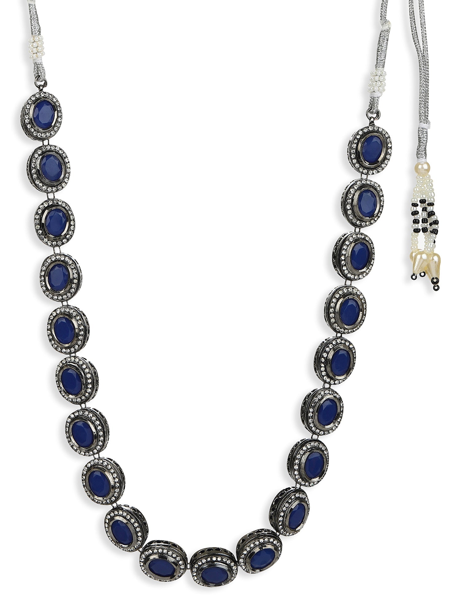 Oxidised Silver-Plated Blue White Kundan Studded Brass Choker Necklace - Ruby Raang | Grocsy