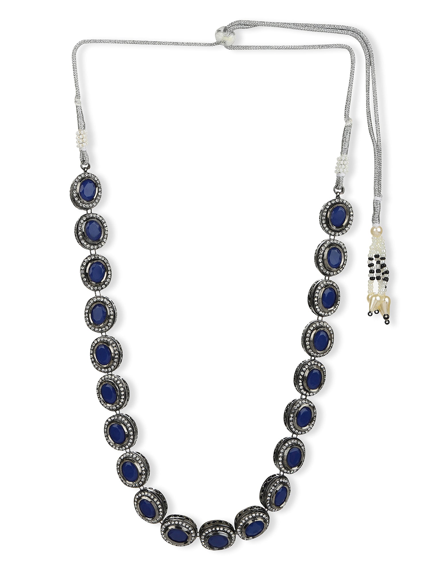 Oxidised Silver-Plated Blue White Kundan Studded Brass Choker Necklace - Ruby Raang | Grocsy