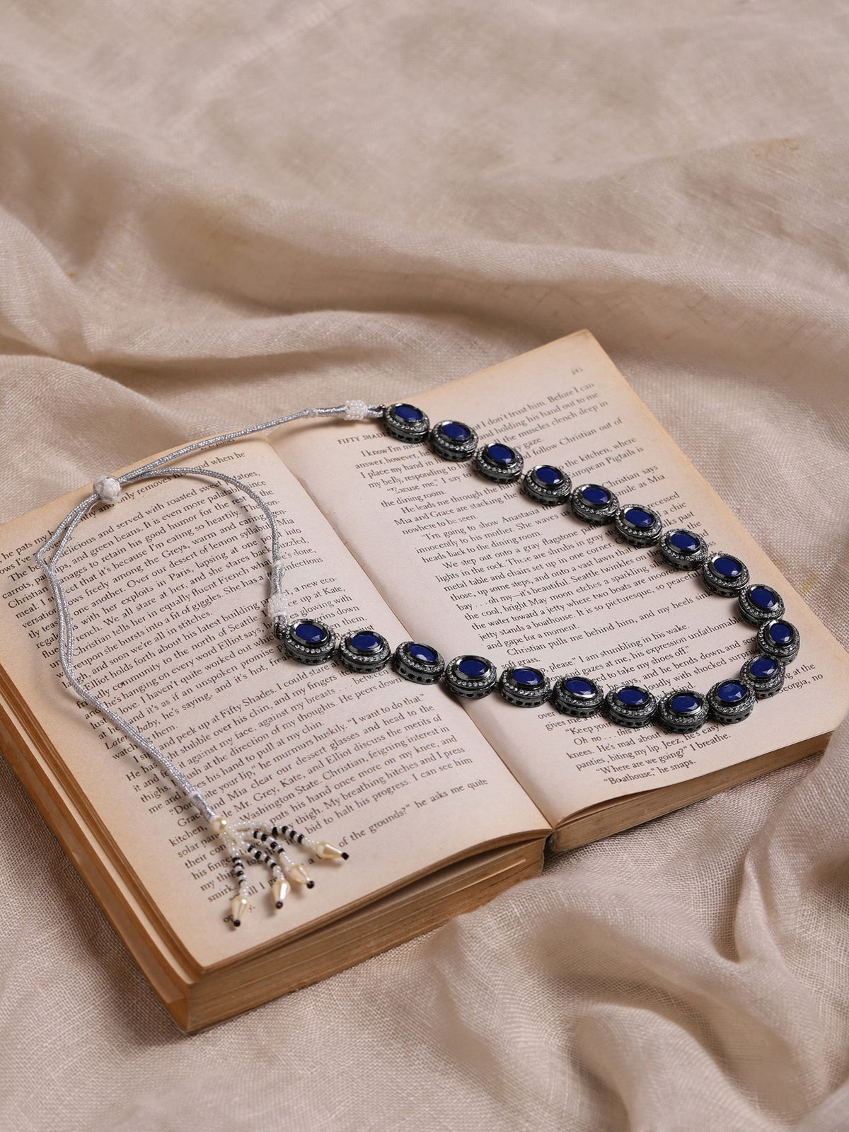 Oxidised Silver-Plated Blue White Kundan Studded Brass Choker Necklace - Ruby Raang | Grocsy
