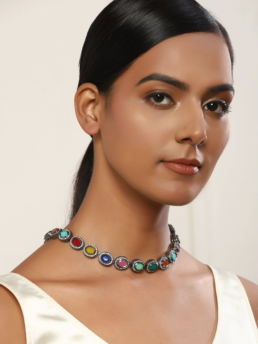Multicoloured Brass Silver-Plated Handcrafted Necklace - Ruby Raang | Grocsy
