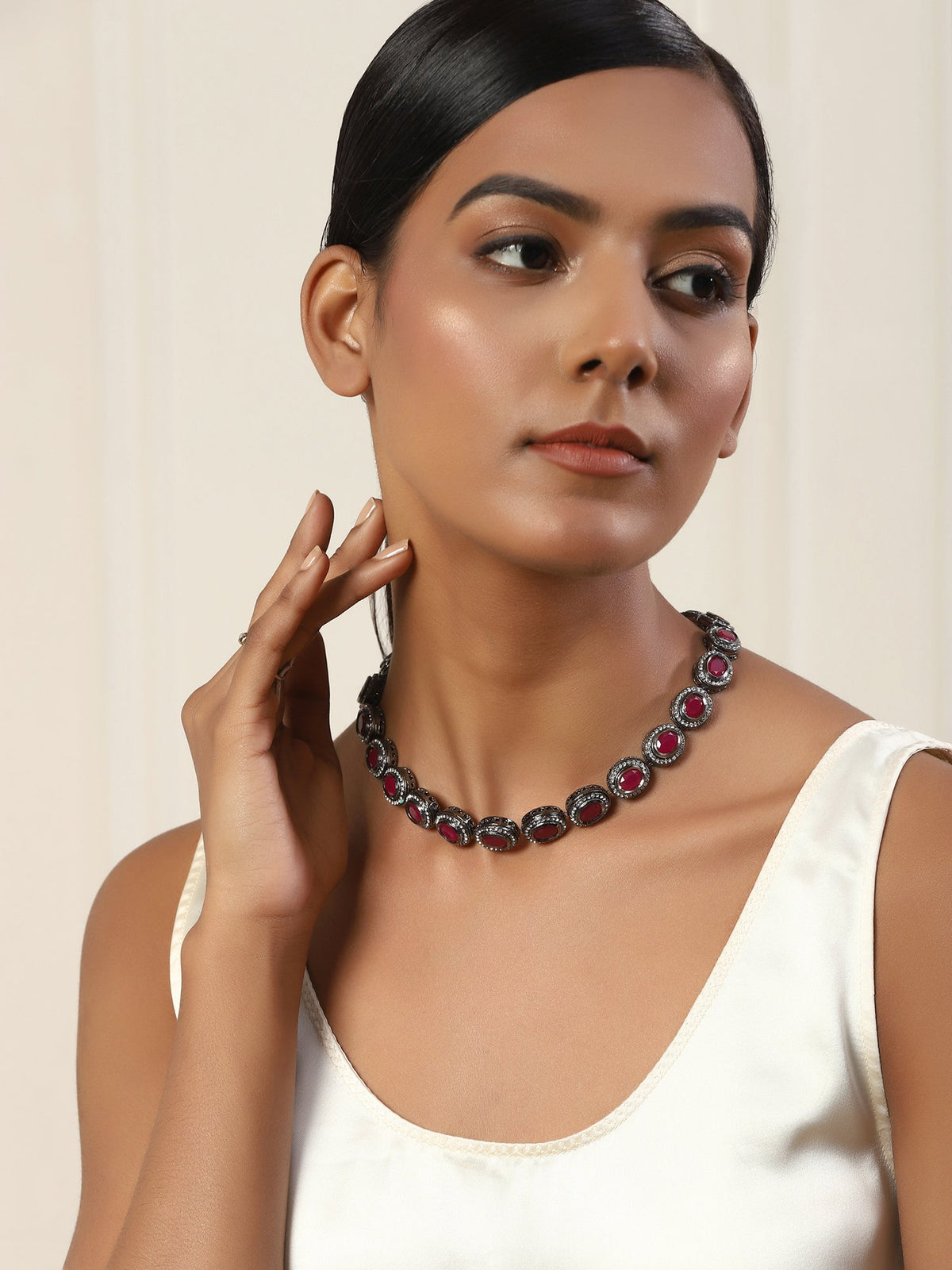 Silver-Plated Pink Kundan Studded Chain - Ruby Raang | Grocsy
