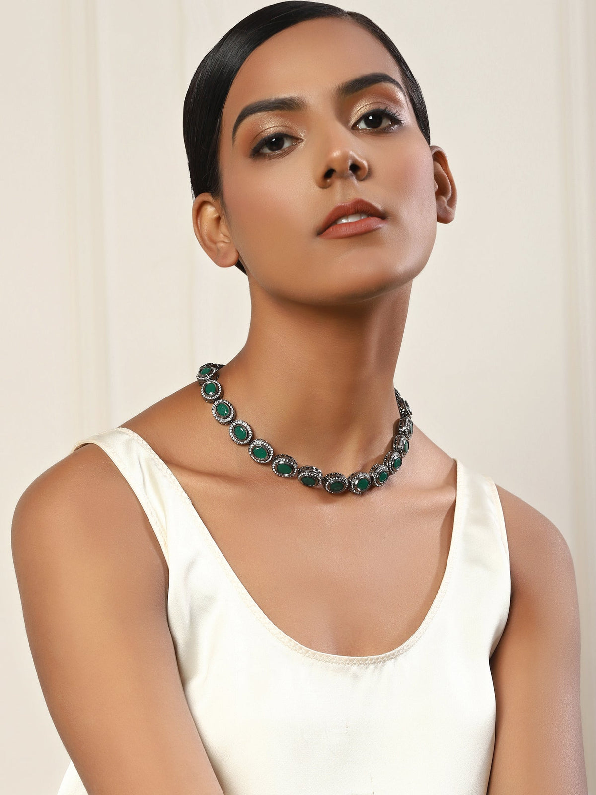 Green Silver-Toned Brass Silver-Plated Necklace - Ruby Raang | Grocsy