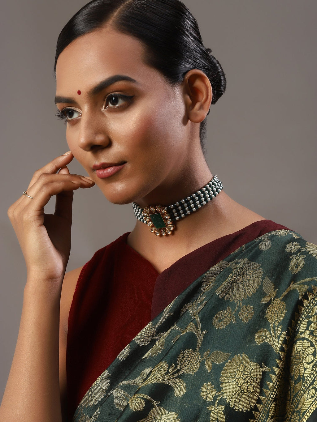 Gold-Polished Green Choker Necklace - Ruby Raang | Grocsy